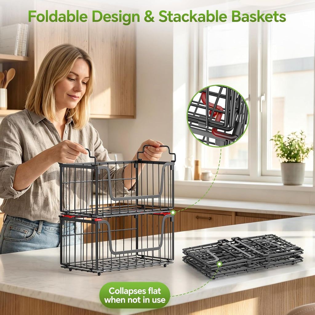 MSERCUOR 4 Pack Potato and Onion Storage Bin, Stackable Wire Fruit Basket for Kitchen Counter, Sweet Potatoes Storage for Kitchen Organization and Storage, Black Foldable Wire Basket