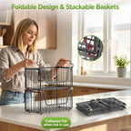 MSERCUOR 4 Pack Potato and Onion Storage Bin, Stackable Wire Fruit Basket for Kitchen Counter, Sweet Potatoes Storage for Kitchen Organization and Storage, Black Foldable Wire Basket