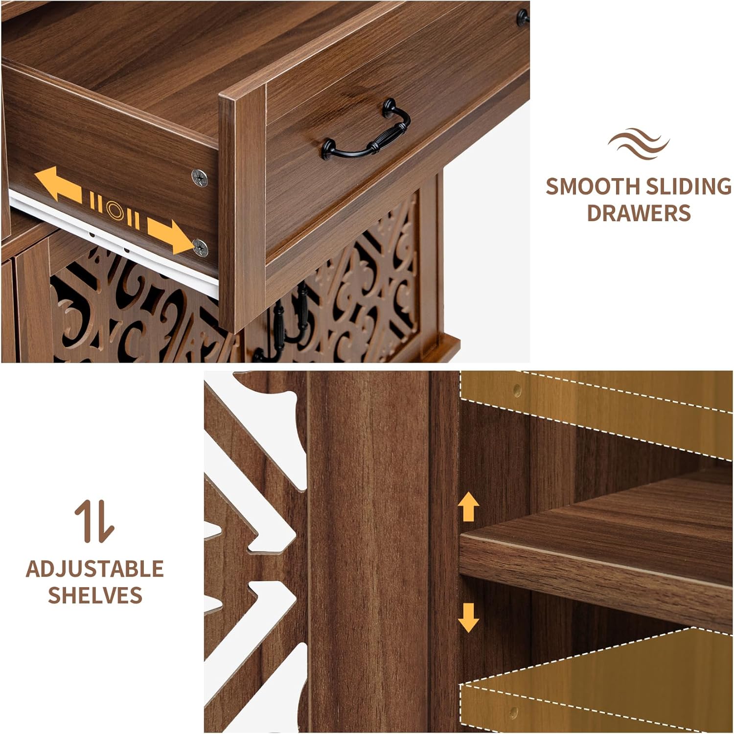 59" Accent Sideboard Buffet Cabinet with Storage,Credenza with Vintage Carved Doors and Adjustable Shelves,Entryway Cabinet,Storage Cabinet for Living Room,Dining Room,Entryway,Walnut