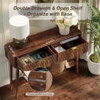 Console Table with Solid Wood Leg,Fluted Entryway Table with Storage Drawers, Mid-Century Modern Narrow Console Table for Living Room,Hallway,Walnut