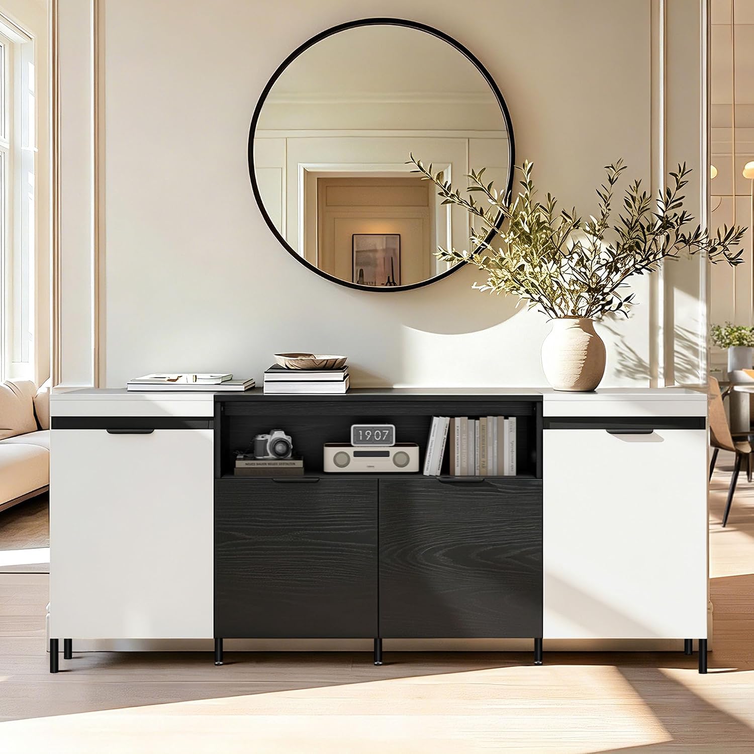 80'' Buffet Sideboard with Storage Farmhouse with 4 Doors, Large Kitchen Storage Cabinet Wood Coffee Bar Cabinet Buffet Table with Open Shelf for Kitchen, Dining Room, Entryway, Black & White