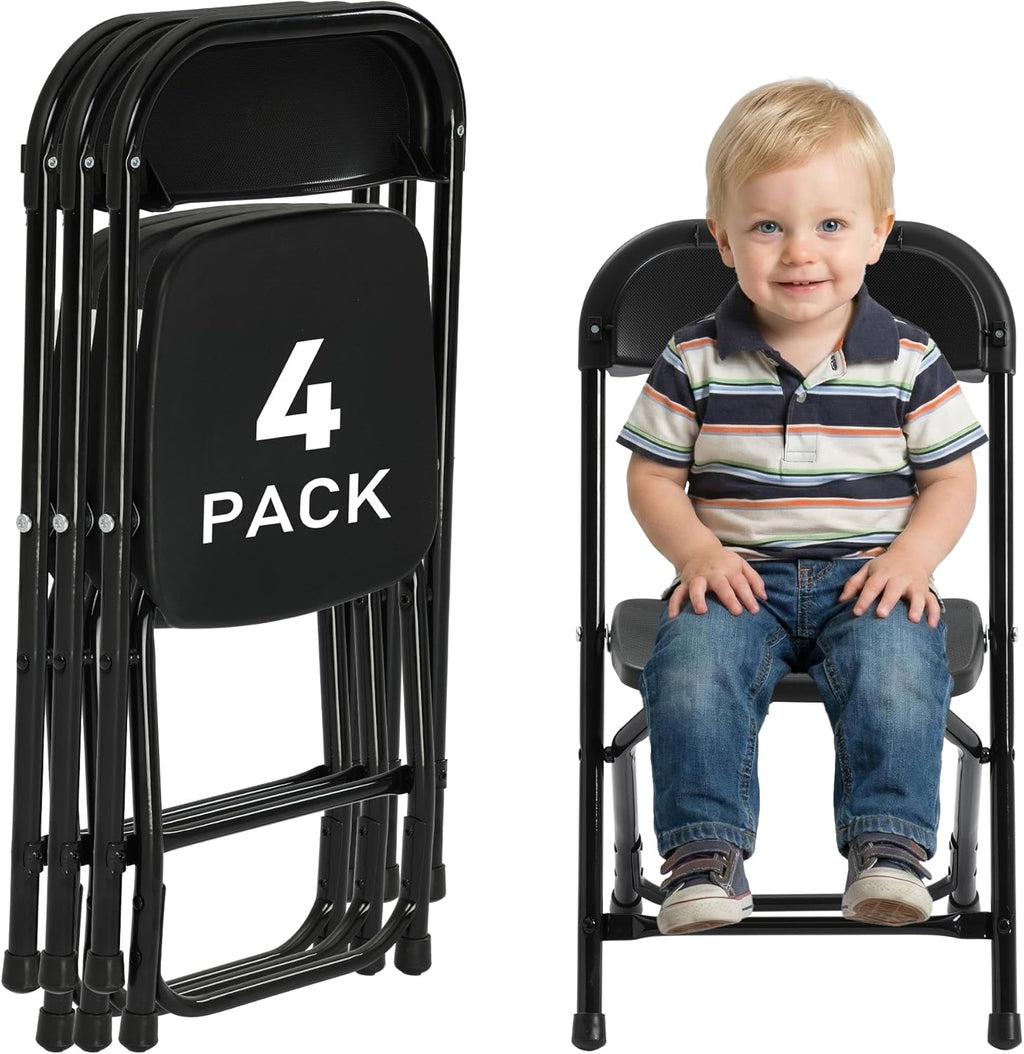 4 Pack Kids Black Plastic Folding Chair with Metal Frame for Toddler&Children, Lightweight and Stackable Foldable Seats for Indoor, Outdoor, Classrooms, Desks, Parties, Events