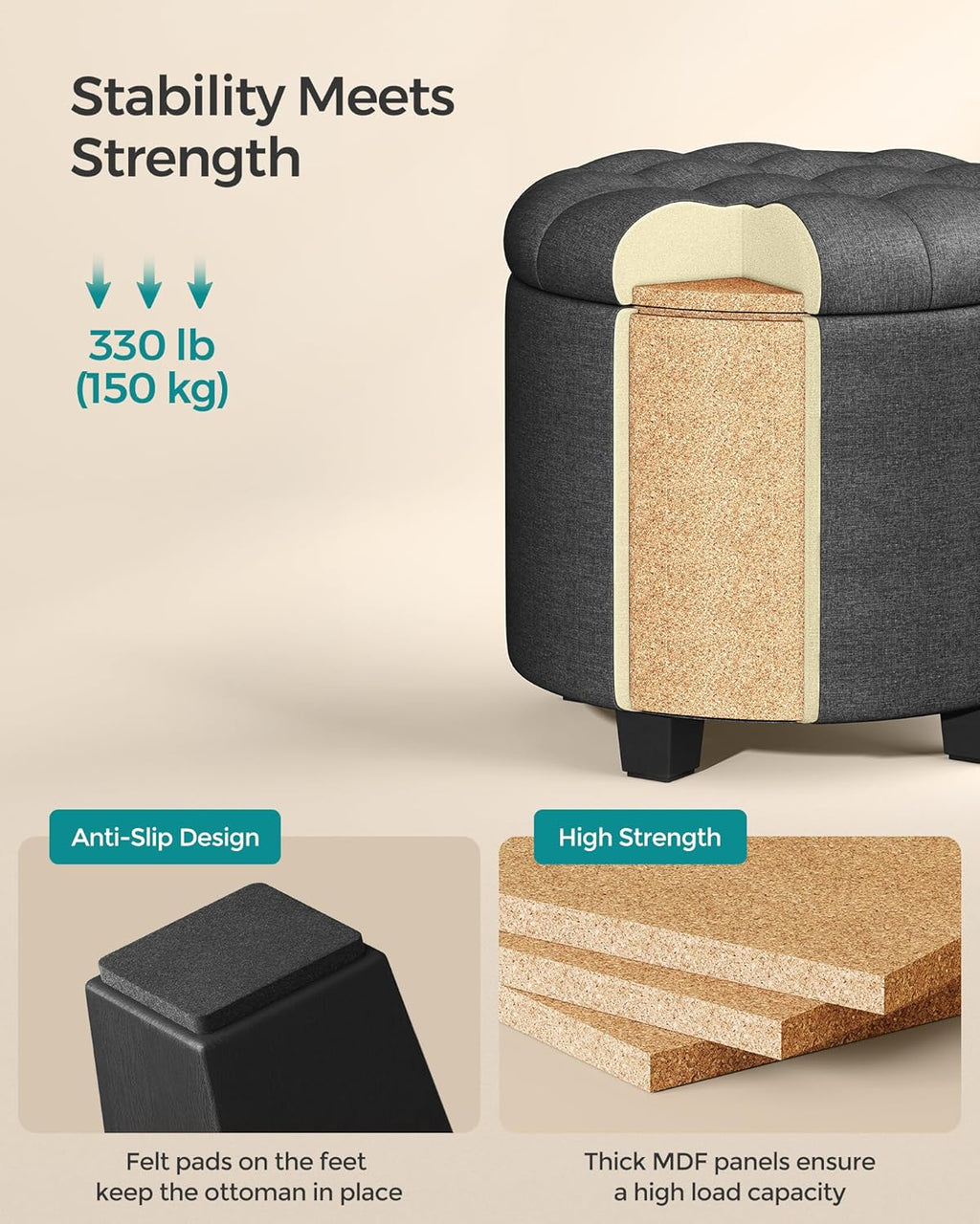 SONGMICS Round Ottoman, Ottoman with Storage, 17.7 Dia. x 17.5 H Inches Foot Rest with Legs, Load up to 330 lb, for Living Room, Bedroom, Dark Gray ULOM011G01
