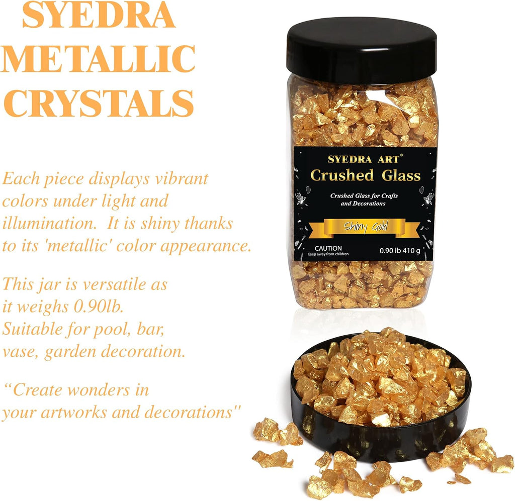 Syedra Crushed Glass for Crafts, Crushed High Luster Chips, Glitter, Broken Glass Pieces, Bar, Vase, Garden Decoration, 3-6mm, 410G (Shiny Gold)