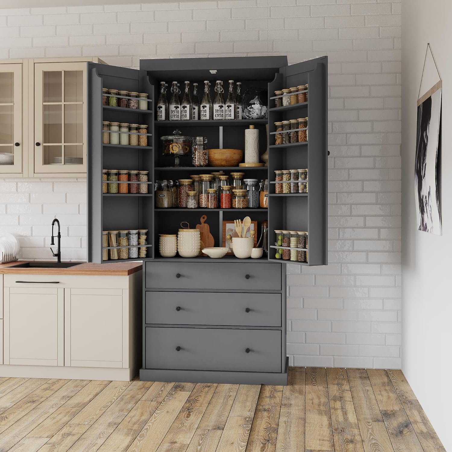 LUMISOL Kitchen Pantry Sideboard, 77” High Freestanding Large Cupboard Storage Cabinet with 3 Drawers, 3 Adjustable Shelves, 8 Door Shelves for Kitchen, Dining Room, Grey