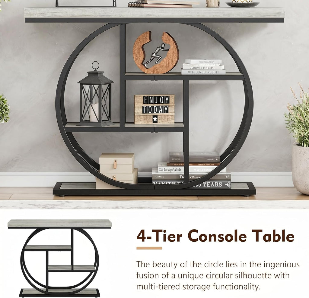 41.3" Console Table, Modern Sofa Table with Circle Base, 4-Tier Narrow Entryway Table for Hallway, Slim Industrial Accent Table with Storage Shelves for Living Room, Grey