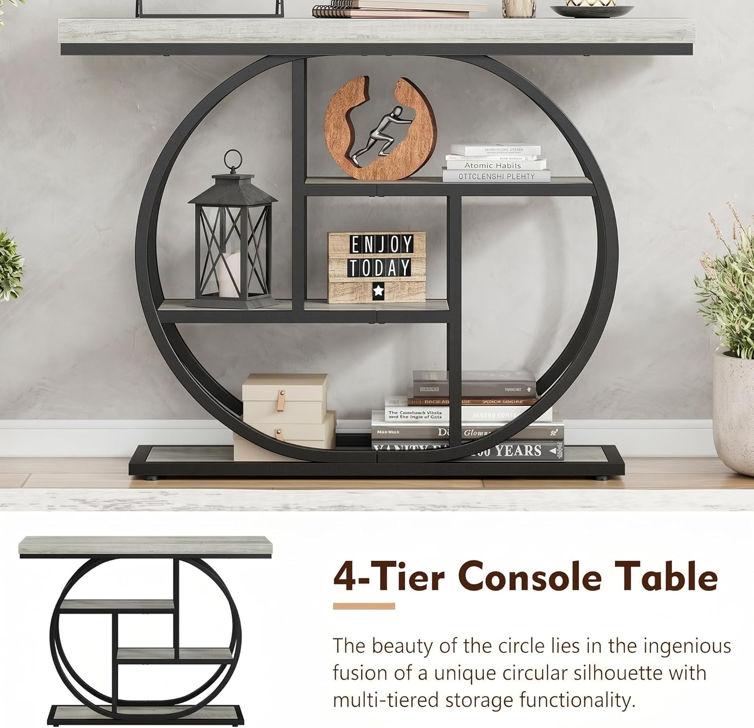 41.3" Console Table, Modern Sofa Table with Circle Base, 4-Tier Narrow Entryway Table for Hallway, Slim Industrial Accent Table with Storage Shelves for Living Room, Grey