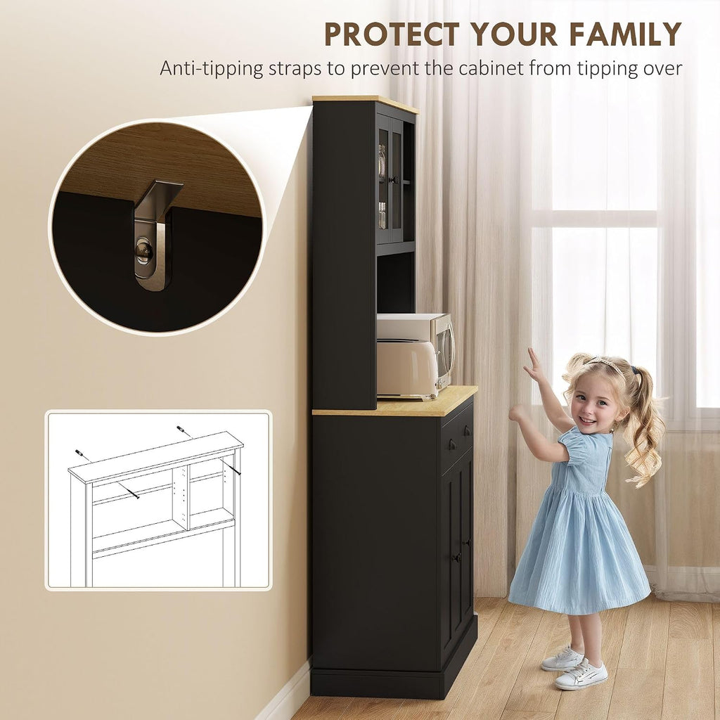 71in Freestanding Pantry Storage Cabinet with Functional Wide Countertop Area, Adjustable Shelves Variation, Black Professional Finish