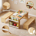 Kids Table and Bench Set, Montessori Kids Table and Chair Set, Indoor Wooden Toddler Activity Table with Bookshelves, 37”X22” Desktop, Children Desk for Home, Classroom, Boys, Girls (Natural)