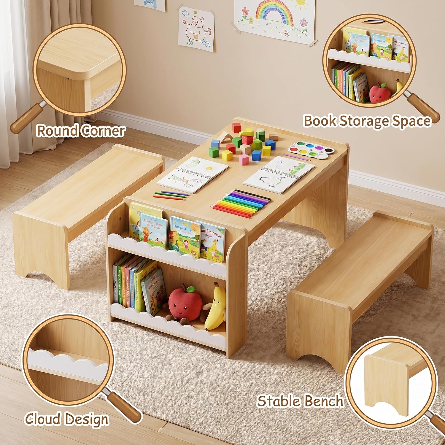 Kids Table and Bench Set, Montessori Kids Table and Chair Set, Indoor Wooden Toddler Activity Table with Bookshelves, 37”X22” Desktop, Children Desk for Home, Classroom, Boys, Girls (Natural)