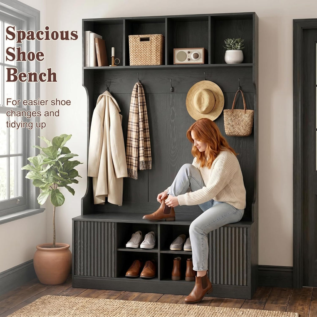 Hall Tree with Bench and Shoe Storage, 5-in-1 Entryway Coat Rack with LED Sensor Light, Hooks and Storage Cubes, Shoe Cabinet with Fluted Door, Modern Hall Tree for Entryway, Living Room