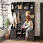 Hall Tree with Bench and Shoe Storage, 5-in-1 Entryway Coat Rack with LED Sensor Light, Hooks and Storage Cubes, Shoe Cabinet with Fluted Door, Modern Hall Tree for Entryway, Living Room