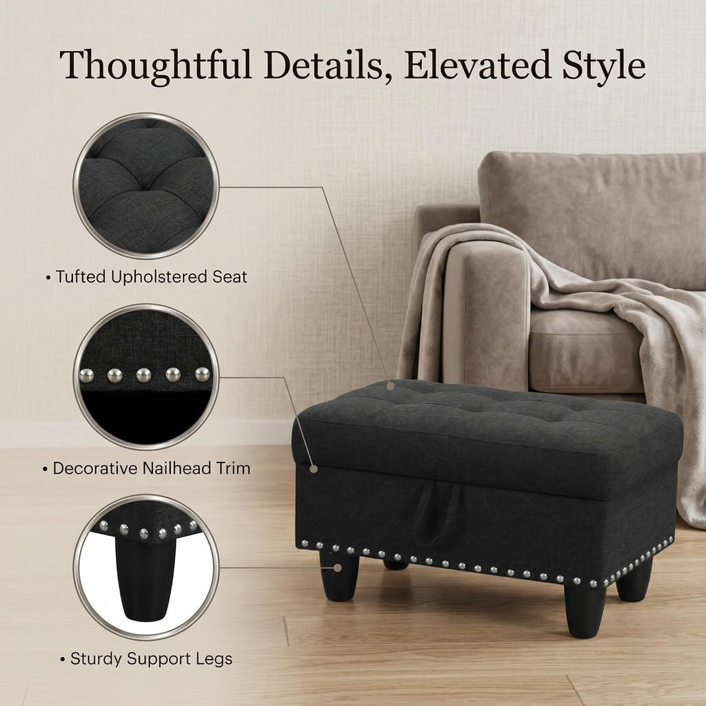 28.5 Inch Storage Ottoman Bench, Upholstered Ottoman with Hidden Storagefor Bedroom Living Room, End of Bed Foot Rest Stool, Charcoal Gray