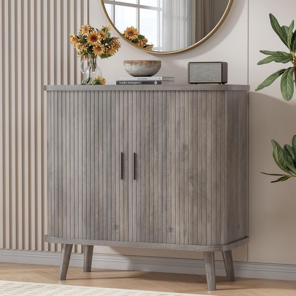 BORNOON Buffet Cabinet with Storage, Curved-Edge Fluted Storage Cabinet Sideboard, Modern Black Sideboard Buffet with Adjustable Shelves & Sliding Door for Dining Room, Kitchen, Entryway (Wood)