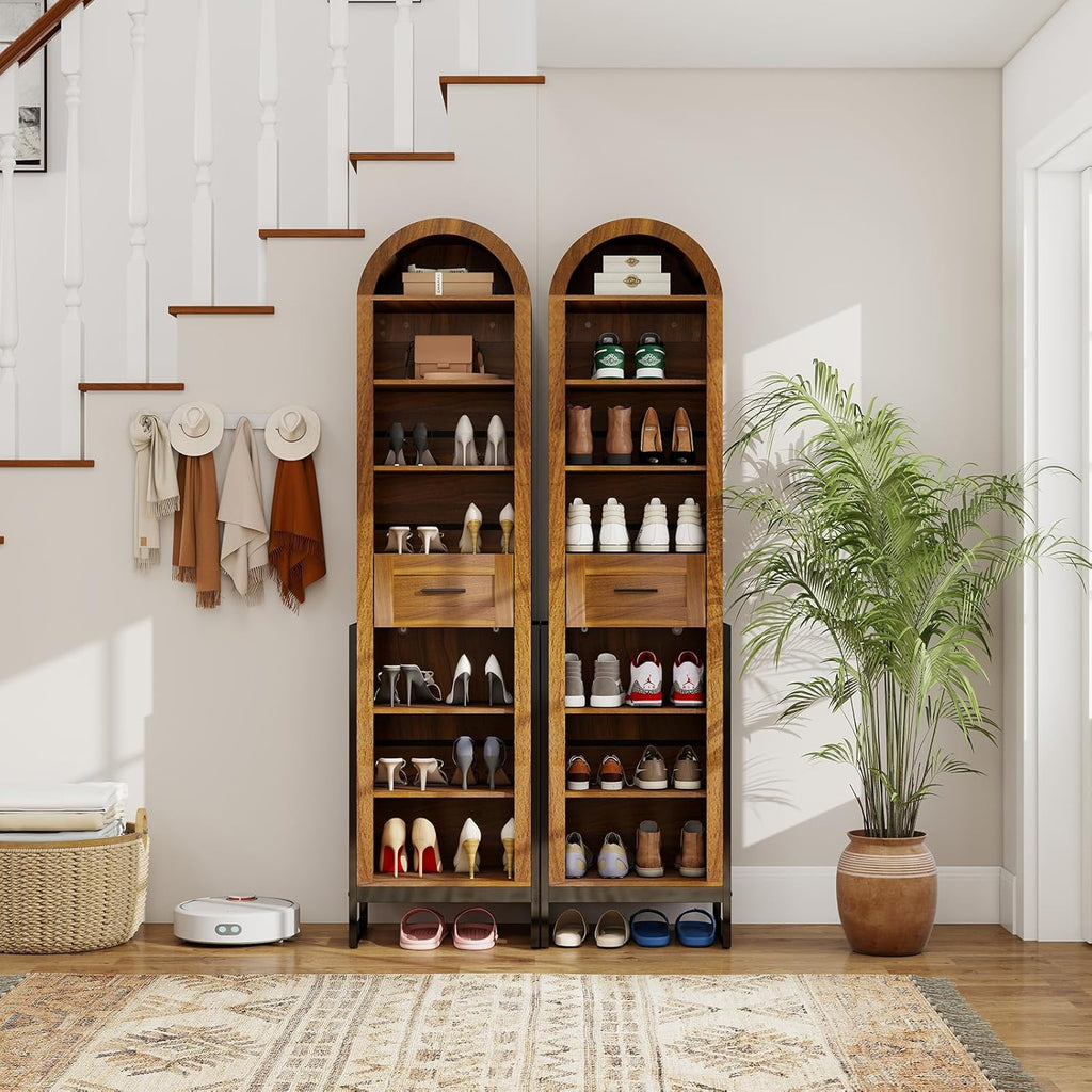 YU YUSING 71" Tall Shoe Storage Cabinet, 8 Tiers Arched Shoe Rack Organizer with Drawer, Freestanding Shoe Closet Shelf with Open Storage for Closet, Entryway, Living Room