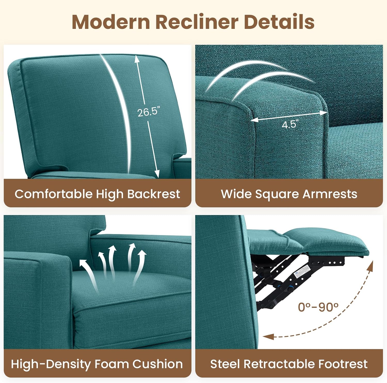 Swivel Rocker Recliner Chair, 360°Swivel Nursery Chair for Adults, Manual Reclining 30°Rocking Glider with Linen Fabric, Solid Wood & Metal Frame, Living Room, Bedroom