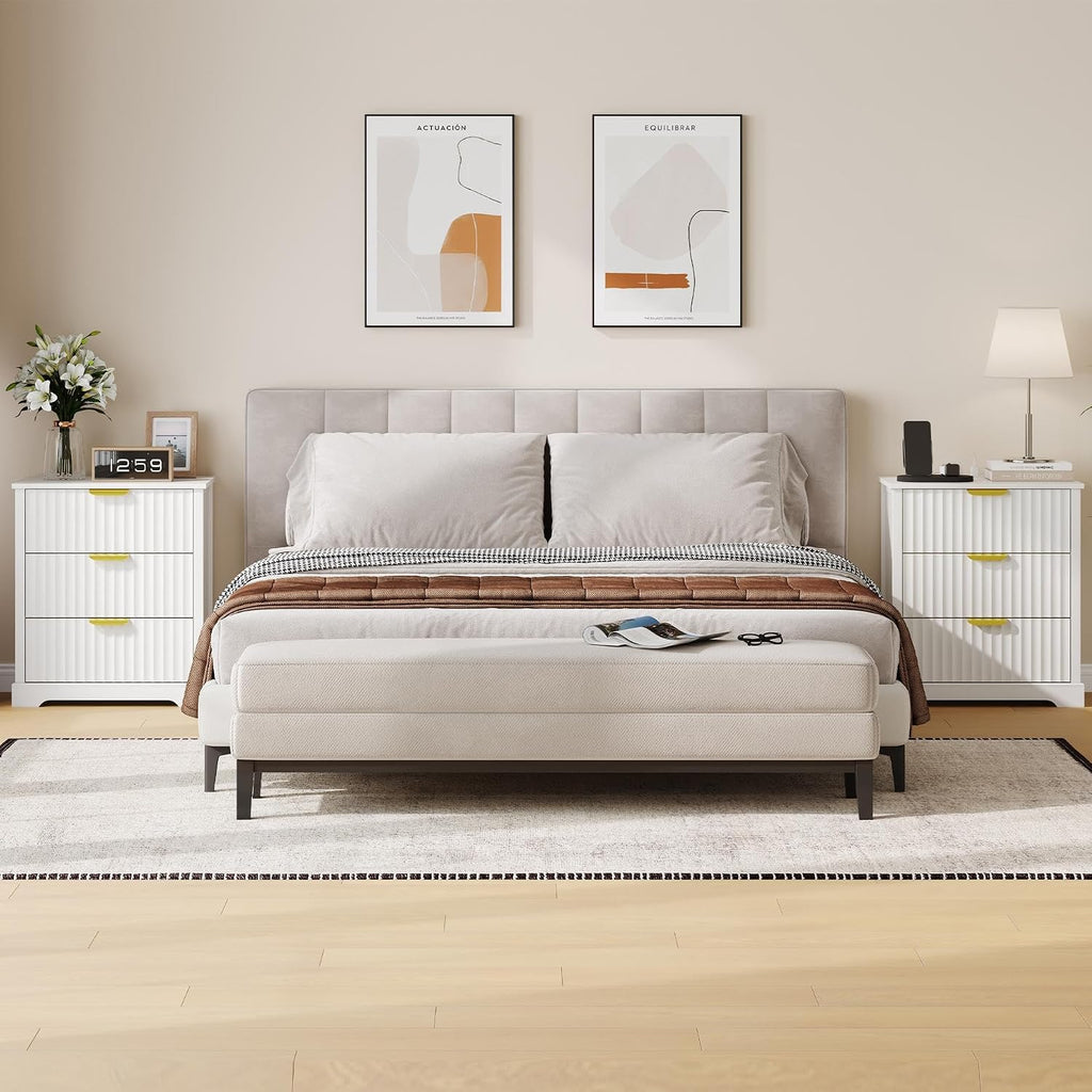 Fluted Nightstand with Charging Station and 3 Drawers | Metal Handles, Large Bedside Table, Bedroom, Charging Stations With USB-C Port, White