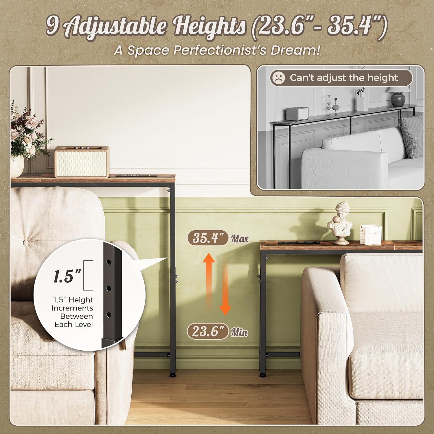 Huuger Narrow Console Table with Power Outlets & USB-C, 23.6"-35.4" Adjustable Height Sofa Table Behind Couch, Extendable 94.5"-110.2" Long Console Table, Wall-Protected Pads, Rustic Brown