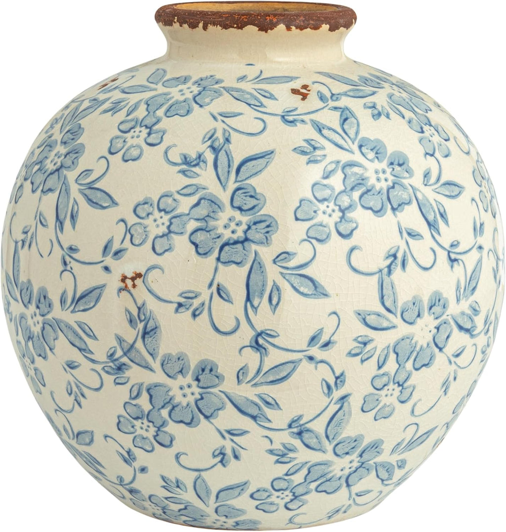 Creative Co-Op DF2720 8" H Terracotta Floral Transferware Pattern & Crackle Finish Vase, Blue