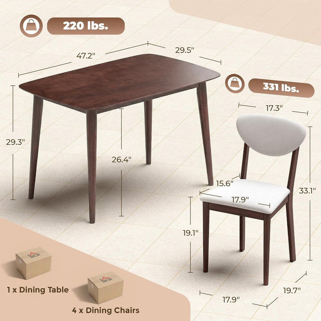 HOMCOM 5-Piece Dining Table Set for 4, Mid-Century Modern Kitchen Table and Chairs with Padded Seats and Backrests, Solid Wood Frame for Small Space, Dining Room, Living Room, Cream White