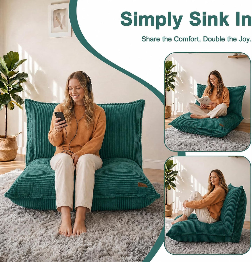 L-Shaped Oversized Bean Bag Chair, Fluffy Memory Foam Beanbag with Corduroy Fabric for Adults Teens Kids, Lightweight Lounge Floor Sofa Chair for Living Room Bedroom - Green