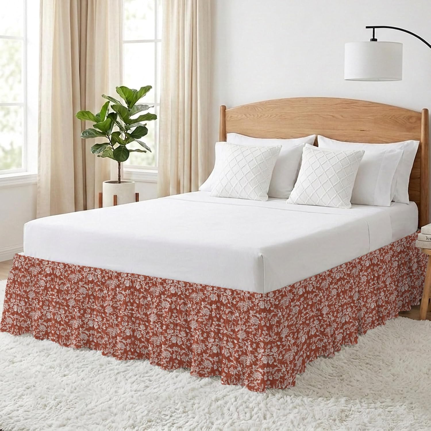 Botanical Rose Bed Skirt Queen Size 16 Inch Drop, Elastic Wrap Around Bed Skirts Pleated Dust Ruffles for Twin Full Queen Cal King Base Bed, Vintage Terracotta Orange Floral Leaf Farmhouse