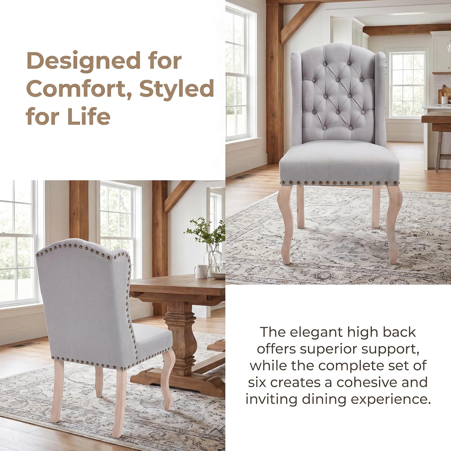 Dining Chairs Set of 2 with Solid Wood Legs, Linen Farmhouse Accent Chairs Side Host Kitchen Chair with Tufted Back for Dining Room/Living Room/Bedroom, Light Grey