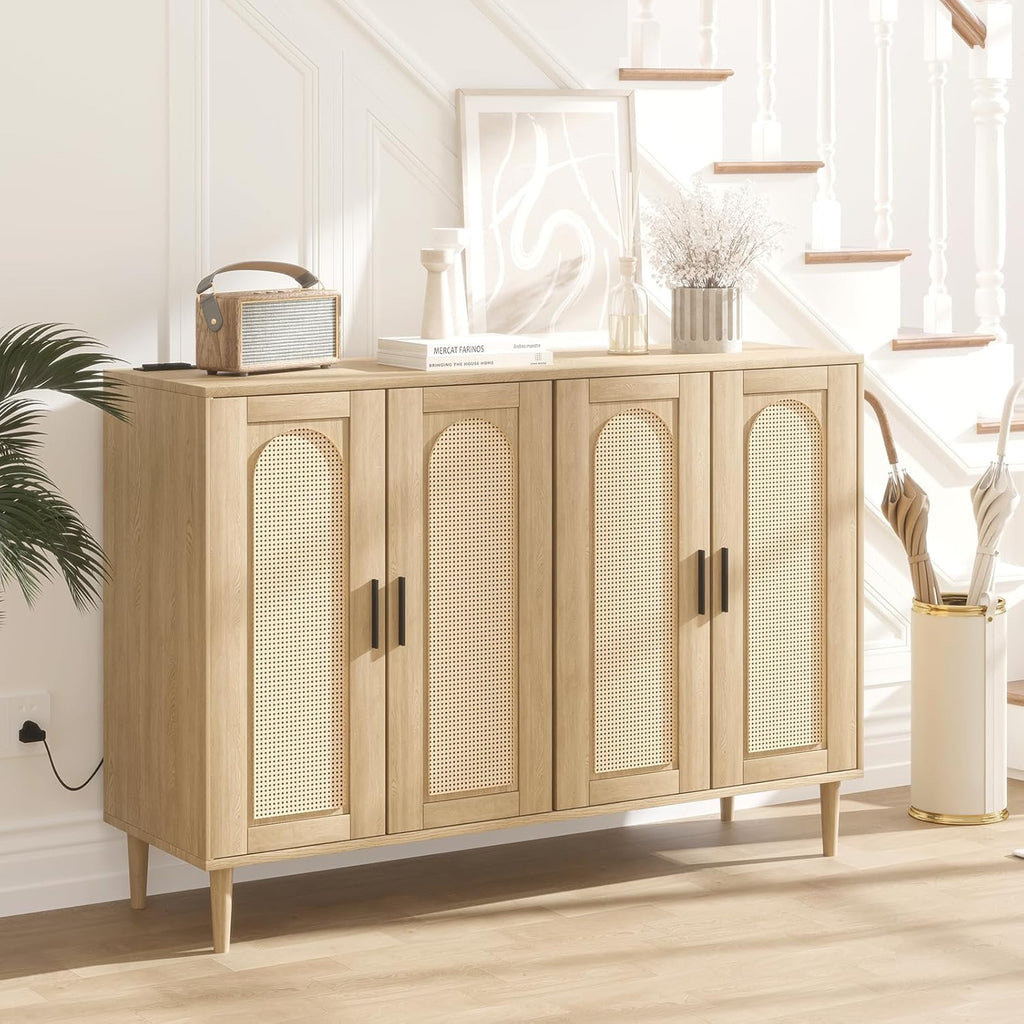 Patikuin Rattan Sideboard Buffet Cabinet, Boho Accent Storage Cabinet, 4 Doors Console Table Coffee Bar with Power Outlet, Adjustable Shelves for Kitchen, Dining Room, Hallway, Living Room