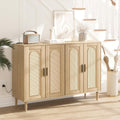 Patikuin Rattan Sideboard Buffet Cabinet, Boho Accent Storage Cabinet, 4 Doors Console Table Coffee Bar with Power Outlet, Adjustable Shelves for Kitchen, Dining Room, Hallway, Living Room