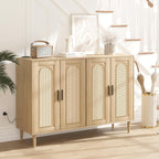 Patikuin Rattan Sideboard Buffet Cabinet, Boho Accent Storage Cabinet, 4 Doors Console Table Coffee Bar with Power Outlet, Adjustable Shelves for Kitchen, Dining Room, Hallway, Living Room