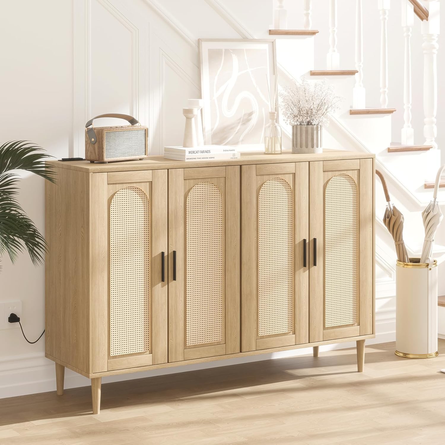 Patikuin Rattan Sideboard Buffet Cabinet, Boho Accent Storage Cabinet, 4 Doors Console Table Coffee Bar with Power Outlet, Adjustable Shelves for Kitchen, Dining Room, Hallway, Living Room