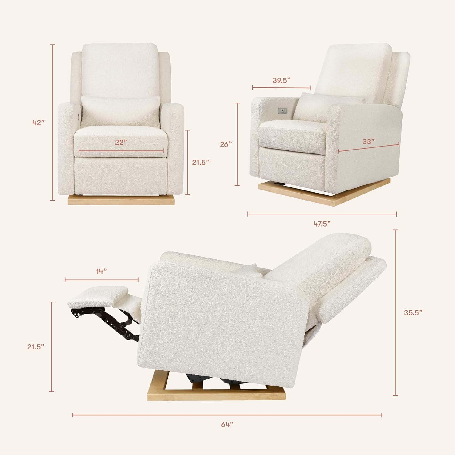Babyletto Sigi Electronic Power Recliner and Glider with USB Port in Ivory Boucle with Light Wood Base, Greenguard Gold and CertiPUR-US Certified