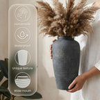 Rustic Distressed Ceramic Threaded Vase, 11"H Handmade Wabi Sabi Decor Vase (Deep Charcoal with Light Gray Weathering and Wheat Beige Patches) for Living Room Table Centerpieces, Entryway & Fireplace