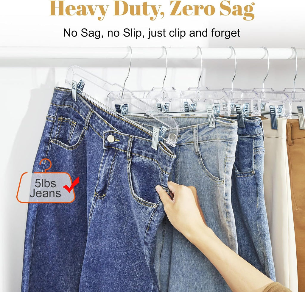 HOUSE DAY 200 Pack Pants Hangers with Adjustable Clips and 360° Swivel Hook, Non-Slip Clear Plastic Skirt Hangers for Pants, Jeans, Skirts, Trousers, Bulk Hangers for Closet Organization