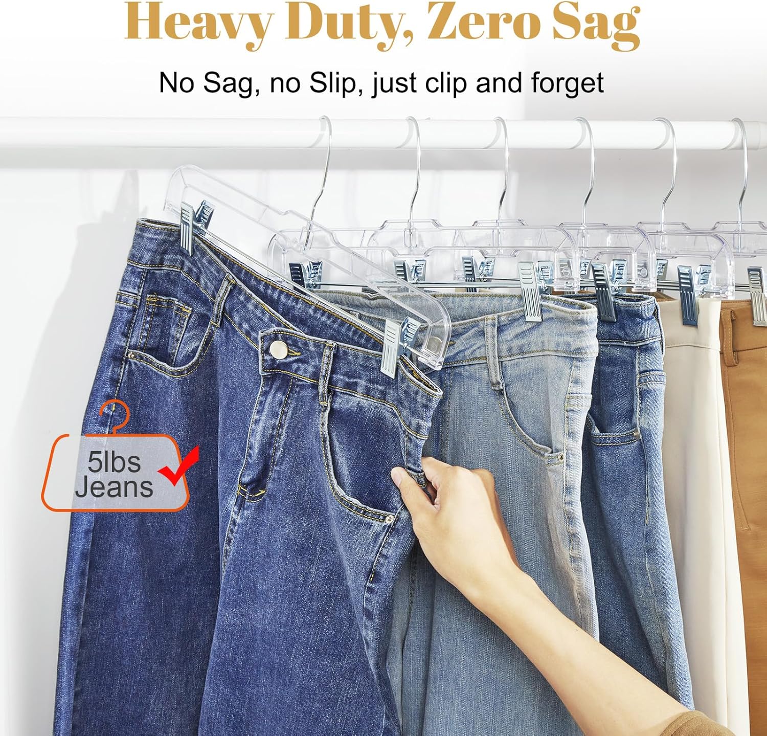 HOUSE DAY 200 Pack Pants Hangers with Adjustable Clips and 360° Swivel Hook, Non-Slip Clear Plastic Skirt Hangers for Pants, Jeans, Skirts, Trousers, Bulk Hangers for Closet Organization