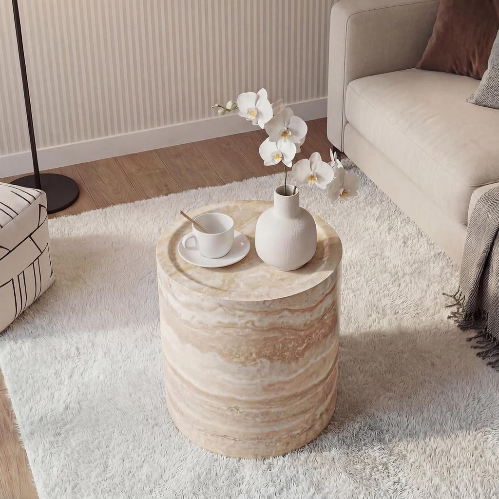 Marble-Effect Cylindrical Side Table Lightweight Fiberglass & Resin Accent Table End Table for Living Room Nightstand for Bedroom Small Drink Table for Corner Spaces (15.75'' Single, Cream)