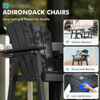 PatioPerk Tall Adirondack Chair Set of 2 with Double Connecting Tray, Recycled HDPE with Wood Grain, Weather Resistant, Outdoor Adirondack Chairs for Deck, Balcony, Patio, Backyard, Black