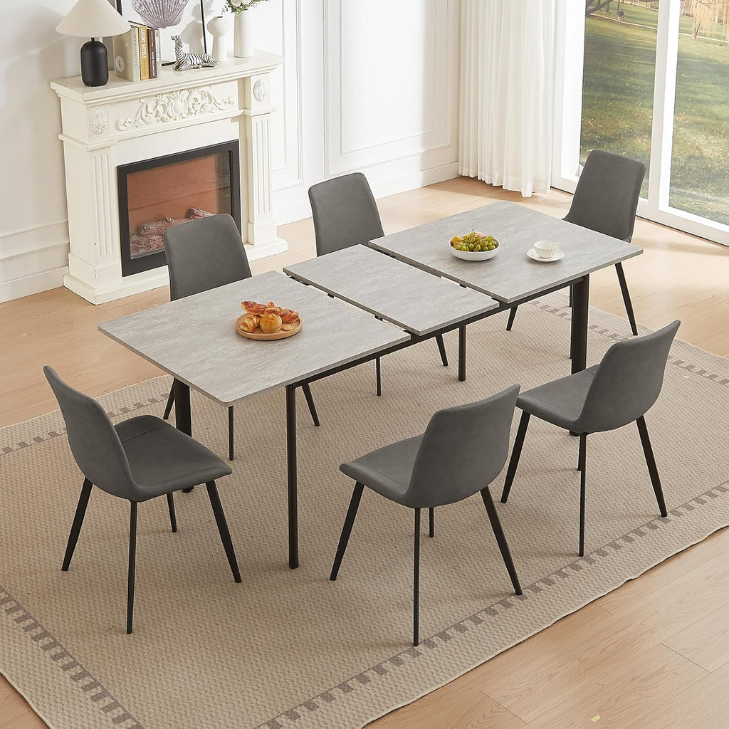 HIPIHOM 63"- 78.7" Extendable Dining Room Table Set for 6, Modern Kitchen Table with 6 Dining Chairs for 4-6 Person, Thickened Expandable Wooden Table with Metal Legs for Dining Room, Kitchen