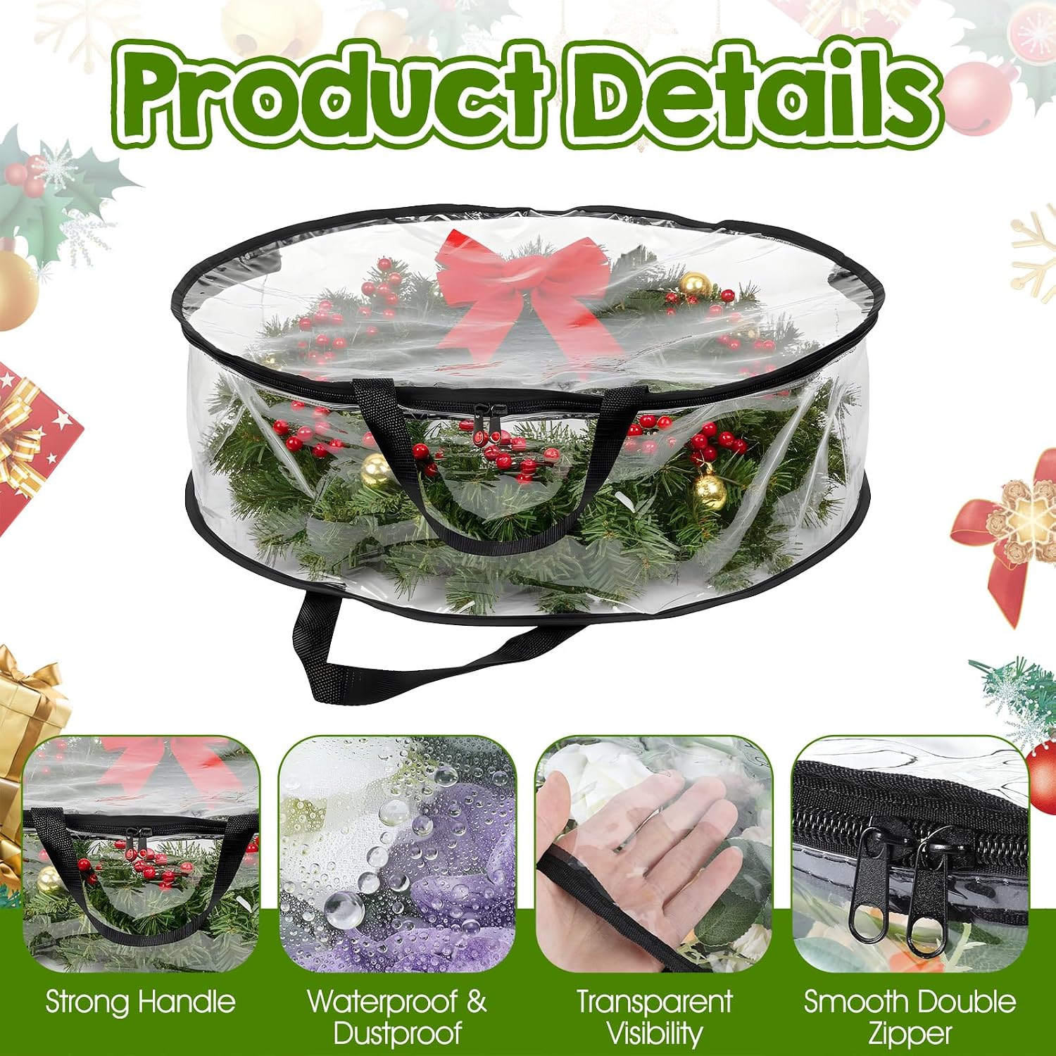 5 Pcs Wreath Storage Container, 24 x 8 Inch Clear Wreath Storage Bag with Handles Waterproof Christmas Garland Storage Holder for Xmas Seasonal