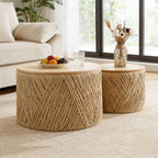 Nesting Table Set of 2 Round Wooden Coffee Tables Rustic Woven Center Table for Living Room Bedroom Apartment No Assembly Required, Natural