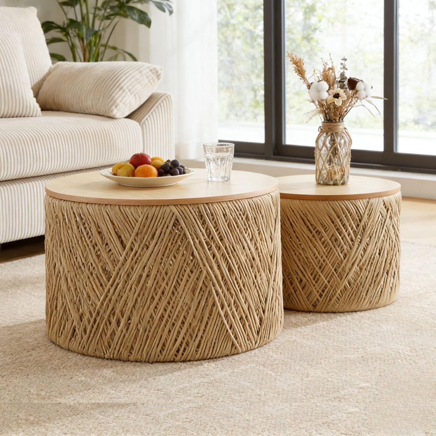 Nesting Table Set of 2 Round Wooden Coffee Tables Rustic Woven Center Table for Living Room Bedroom Apartment No Assembly Required, Natural