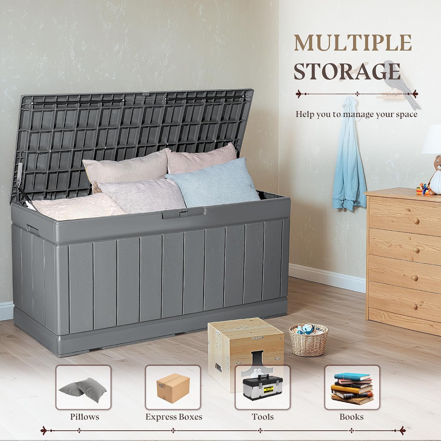 YESHOMY Storage Chest, Entryway Resin Shoe Bench, Toy Box with Hydraulic Bracket Flip Lid, Side Holder, Supports 450 lbs for Bedroom, Living Room, Lockable, Gray