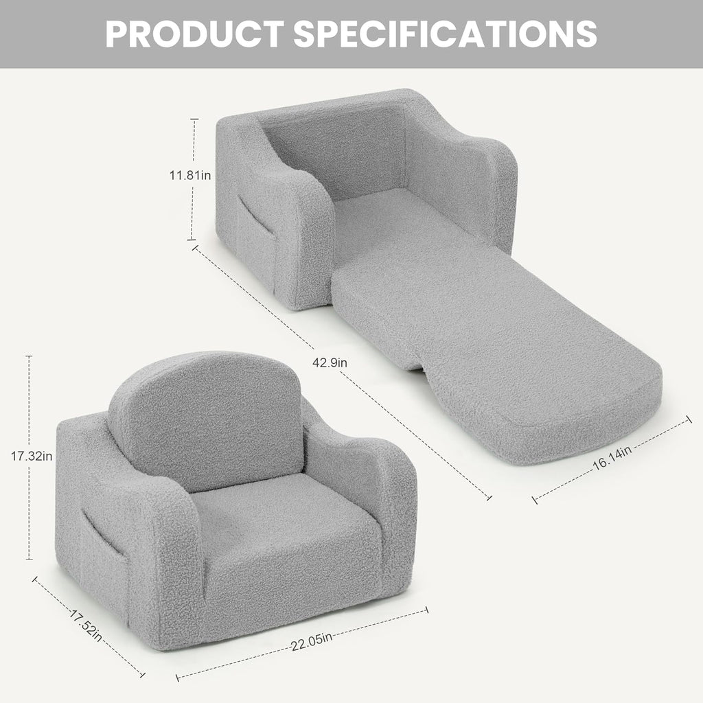Airpanda Cozy Kids Sofa Chair, 2-in-1 Fold-Out Kids Couch for 3-7 Years Old Girls and Boys, Convertible Soft Children's Sofa, Removable Washable Cover,Light Grey