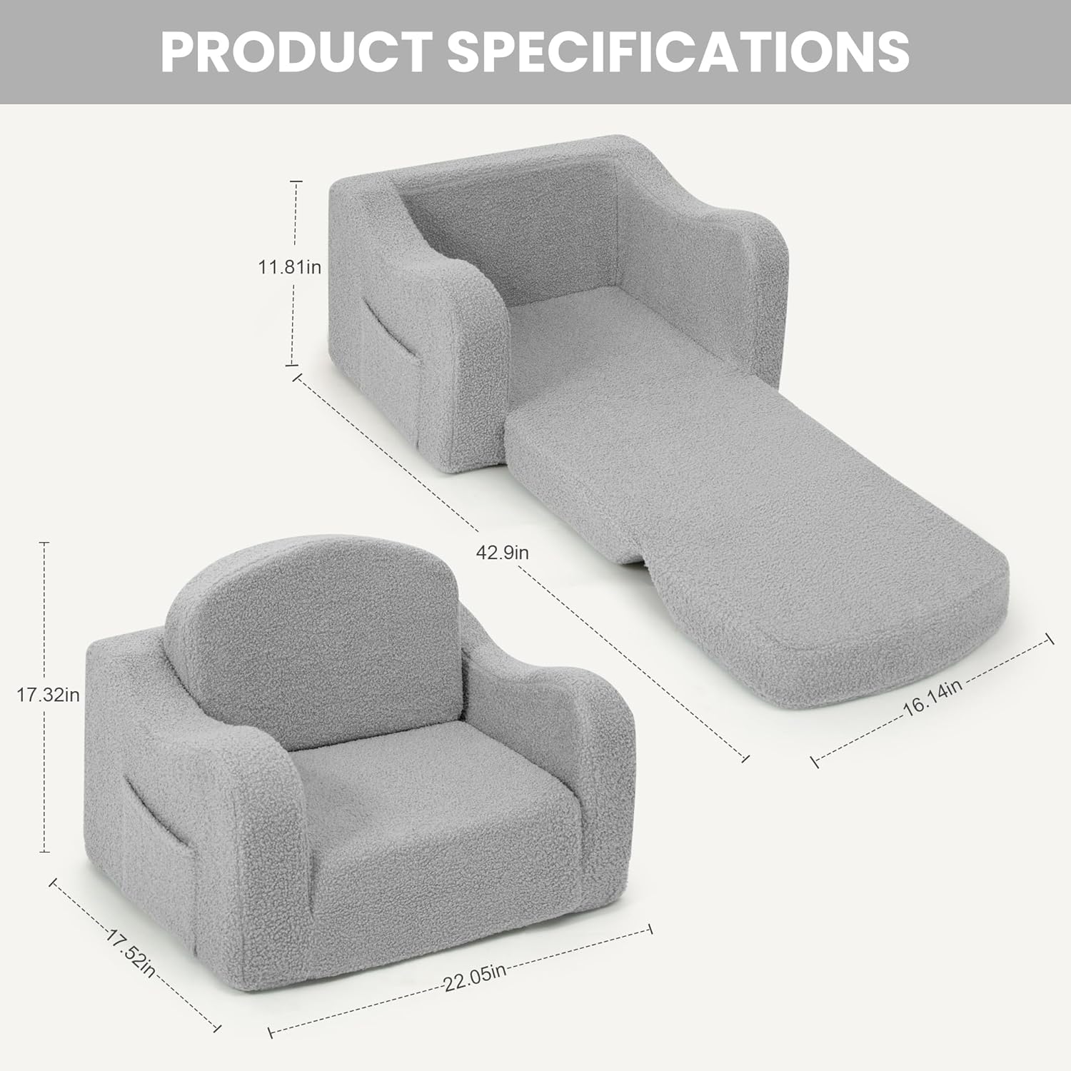 Airpanda Cozy Kids Sofa Chair, 2-in-1 Fold-Out Kids Couch for 3-7 Years Old Girls and Boys, Convertible Soft Children's Sofa, Removable Washable Cover,Light Grey