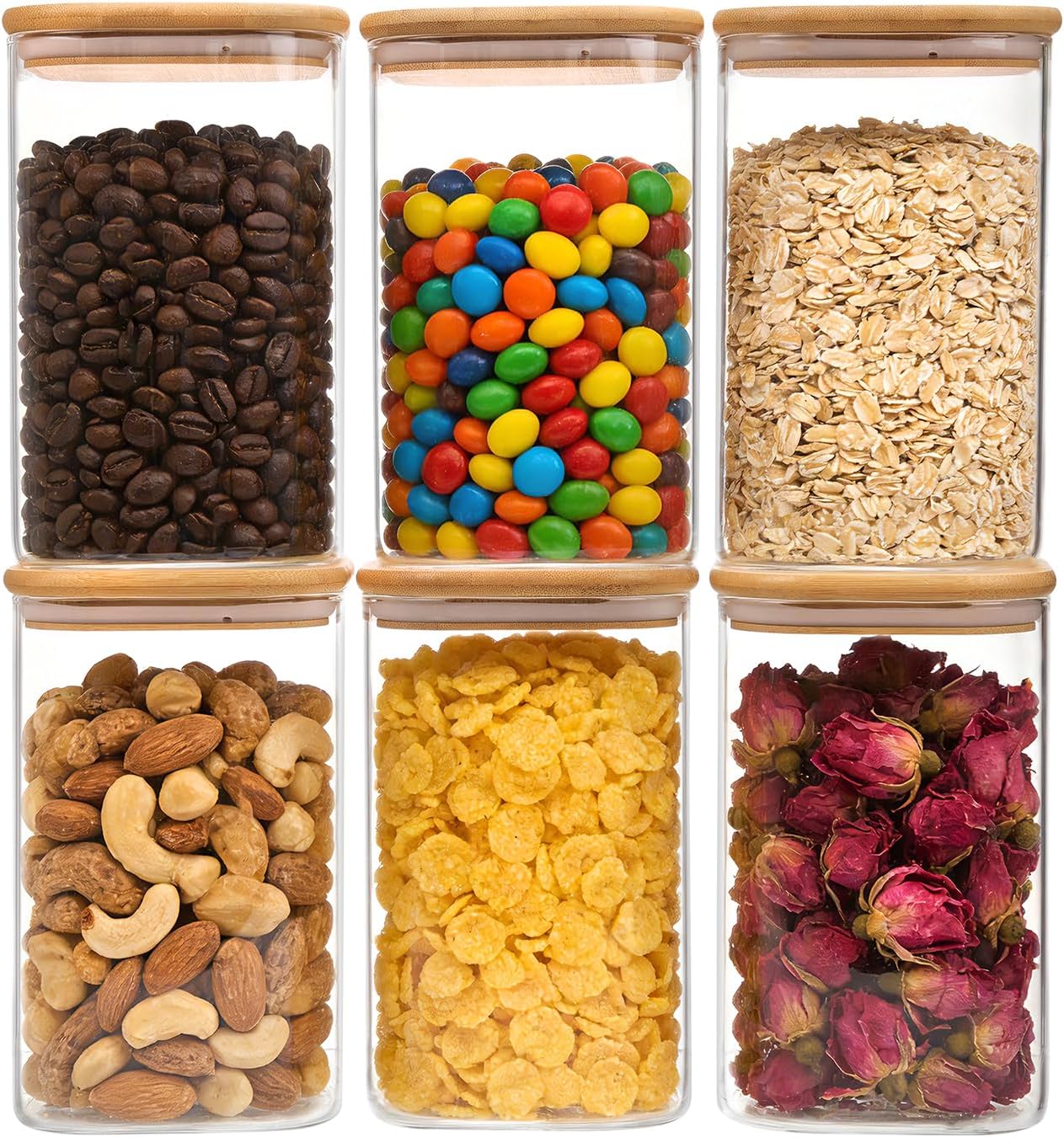 Moretoes 6 Pack 1.2qt Square Glass Storage Containers with Bamboo Press Lids, Airtight Pantry Storage Jars for Flour, Sugar, Dry Goods