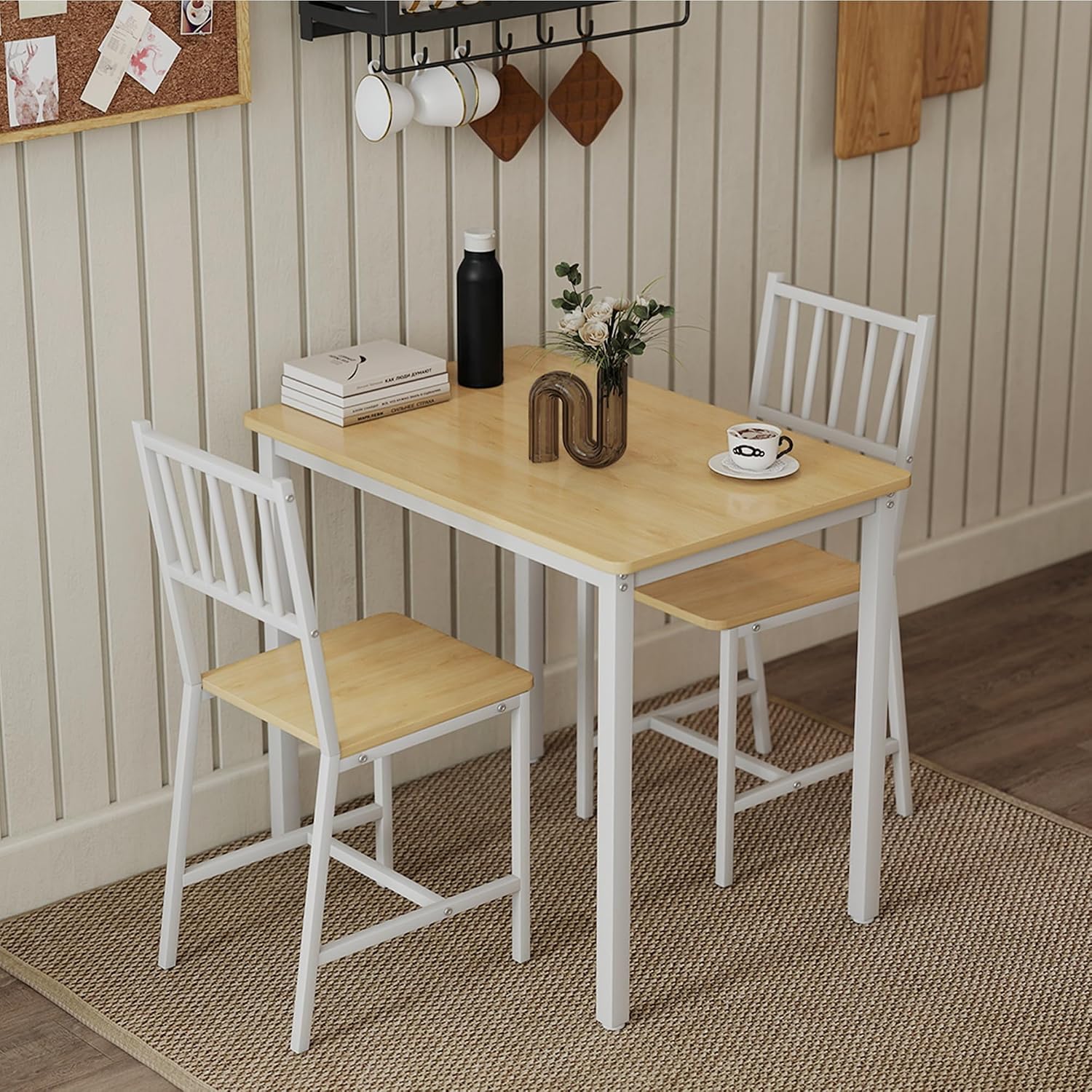 3-Piece Dining Table Set for 2, Space-Saving Kitchen Table Set for Small Spaces, Industrial Breakfast Table for Apartment, Studio & Nook, Natural Wood & Metal,Natural
