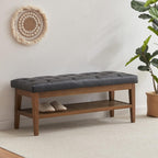 HUIMO Entryway Shoe Leather Bench, End of Bed Bench,PU Button-Tufted Indoor Bench,Ottoman Bench for Living Room, Padded Bench with Solid Wood Shelf,Kitchen Leather Seat Dining,Black