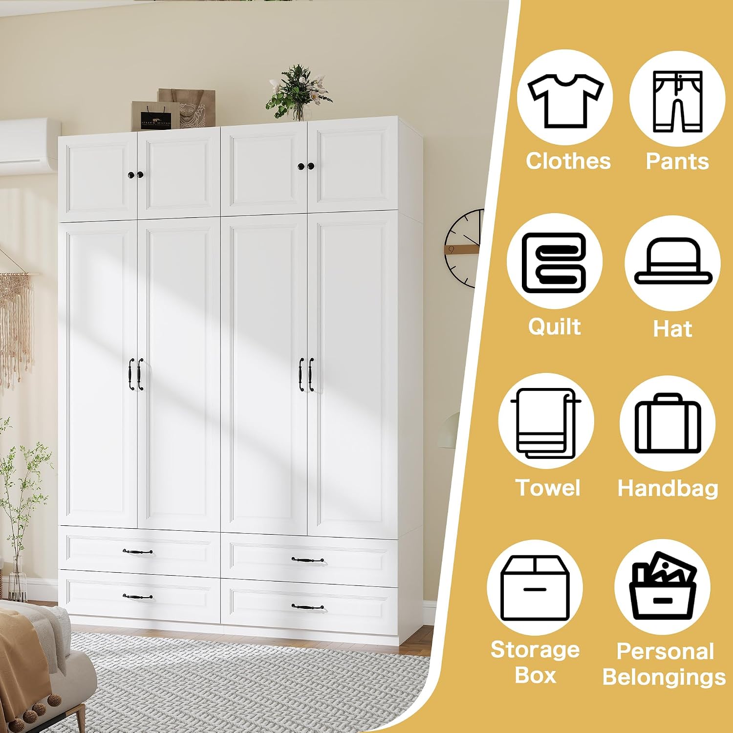 Armoire Wardrobe Closet with Doors: 89" Extra Tall White Wardrobe with Storage on Top, Bedroom Armoires with 4 Doors and 4 Drawers, Large Wood Closet Armoire for Hanging Clothes