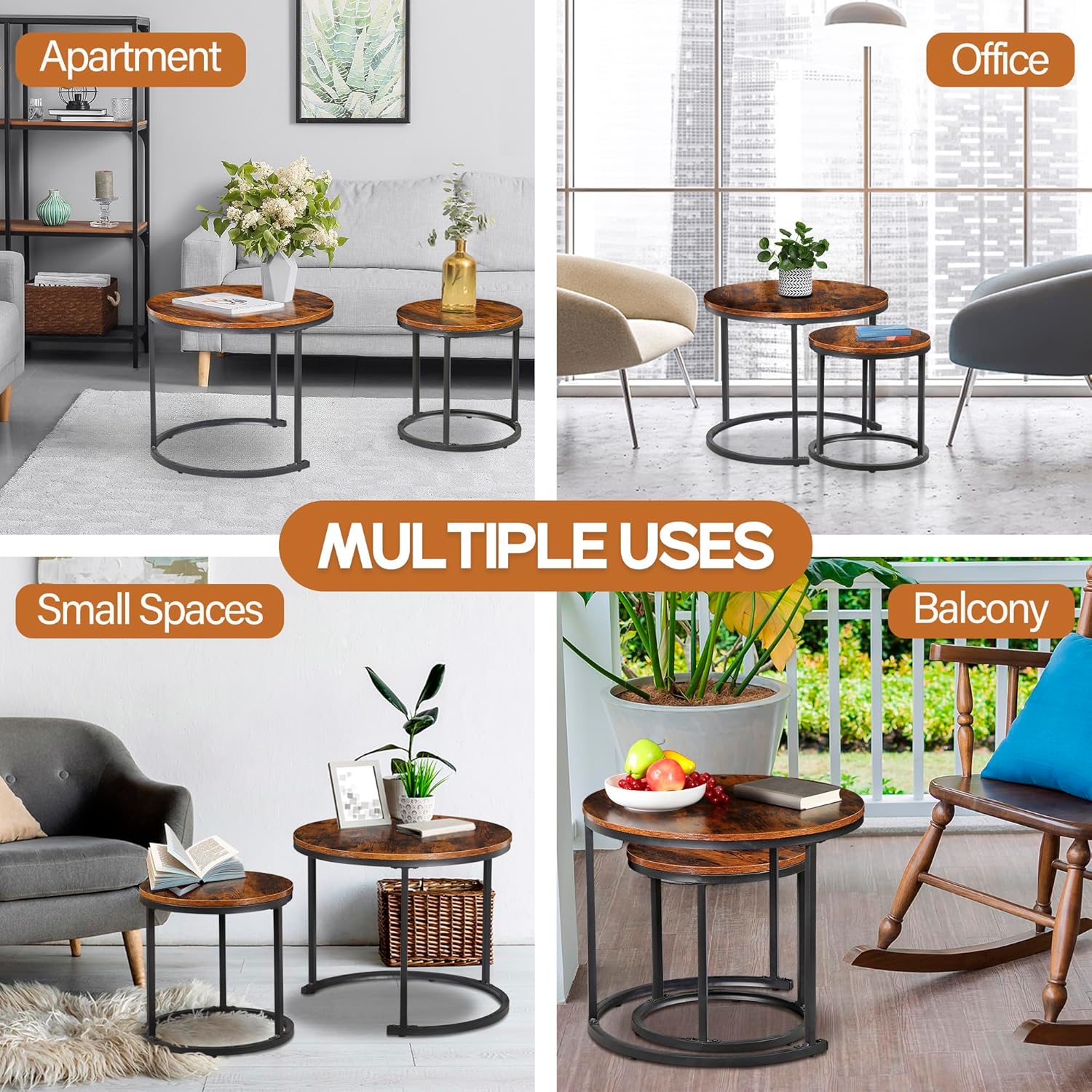 ZENY Nesting Coffee Table Set of 2, 23.6inch Round Coffee Table Wood Grain Top with Sturdy Metal Frame, Industrial End Table Side Tables for Living Room Bedroom Balcony Yard, Rustic Brown