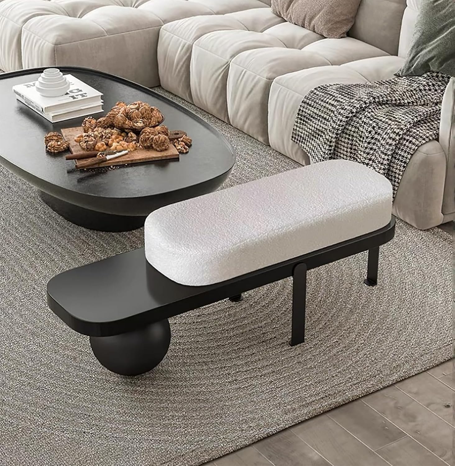 Wooden Boucle Bench with Abstract Metal Leg, Upholstered End of Bed Bench, Modern Entryway Bench,Shoe Changing Bench for Entryway Livingroom Bedroom